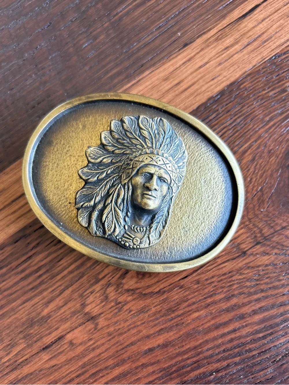 Vintage Solid Brass Belt Buckle, Indian Chief Headdress, Oval, Native American